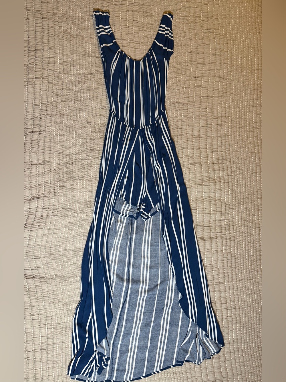 Boho Striped Open Front Maxi Romper Dress Blue White Size Medium